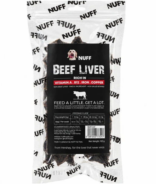 Nuff Beef Liver dehydrated dog treats, single-ingredient, rich in vitamins A, B12, iron, and copper, 100g pack.