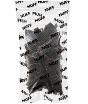 Nuff Beef Liver dehydrated dog treats in a clear bag, showcasing 100% pure beef liver for dogs.