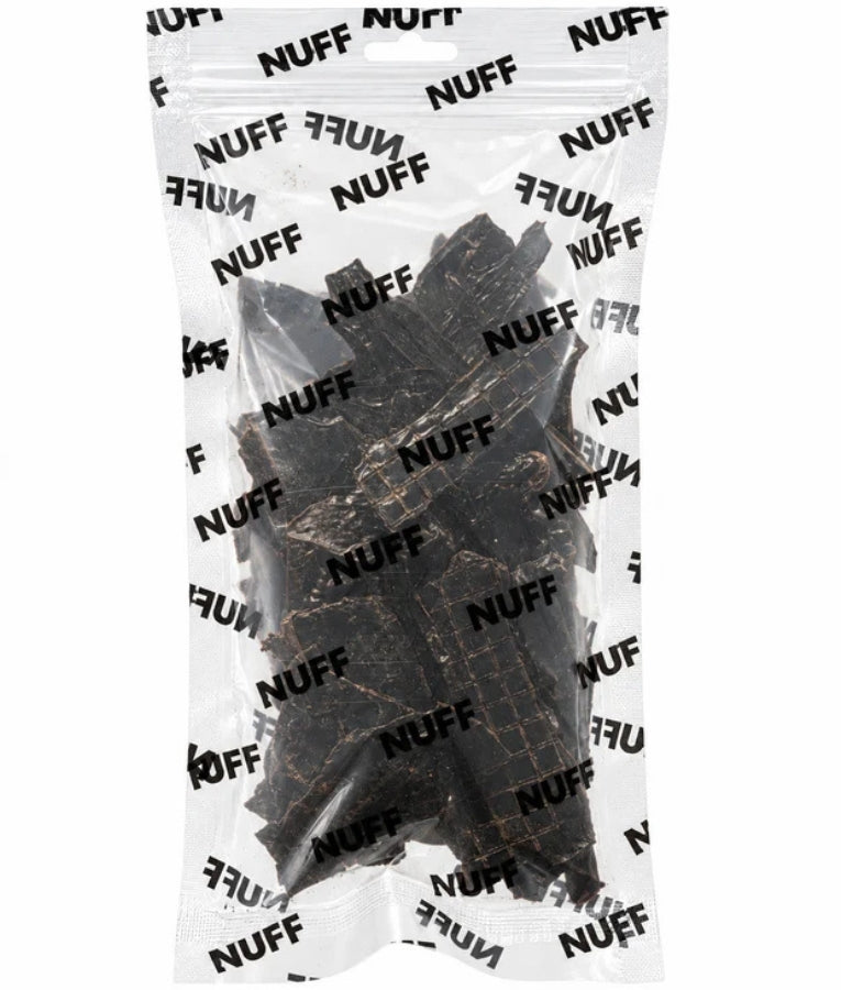 Nuff Beef Liver dehydrated dog treats in a clear bag, showcasing 100% pure beef liver for dogs.