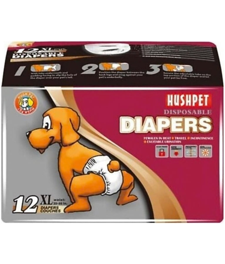 Hushpet - Disposable Diapers, Super Absorbent, Leak-Proof & Breathable Design, For Female Dogs - XL - Pack Of 12