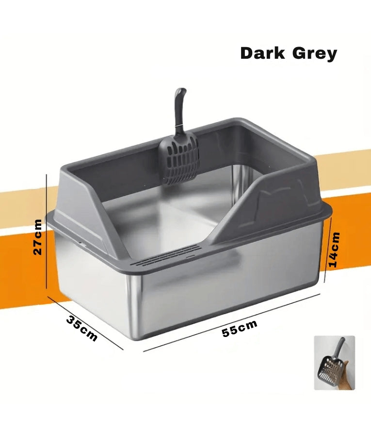 Stainless Steel Cat Litter Box, High Sides, Odor Control, Anti-Leak Design - Easy Clean L Litter Tray Silver 55x35x27 cm