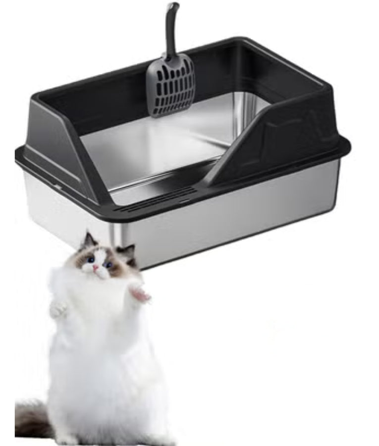 Stainless Steel Cat Litter Box, High Sides, Odor Control, Anti-Leak Design - Easy Clean L Litter Tray Silver 55x35x27 cm