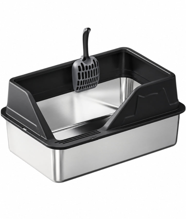 Stainless Steel Cat Litter Box, High Sides, Odor Control, Anti-Leak Design - Easy Clean L Litter Tray Silver 55x35x27 cm