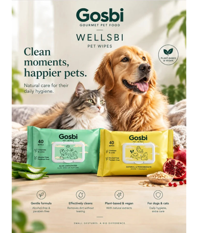 Gosbi - Wellsbi, Pet Wipes With Oatmeal & Pomegranate, Vegan Plant-Based Formula, For Dogs & Cats - 40 Wipes