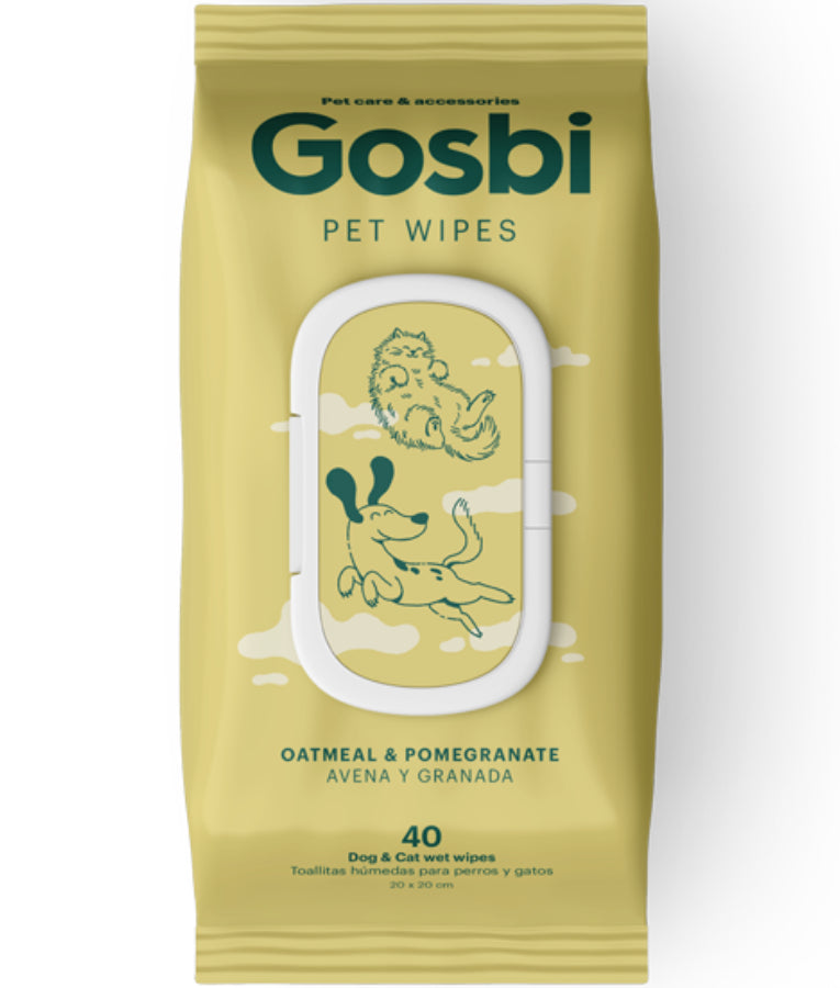 Gosbi - Wellsbi, Pet Wipes With Oatmeal & Pomegranate, Vegan Plant-Based Formula, For Dogs & Cats - 40 Wipes