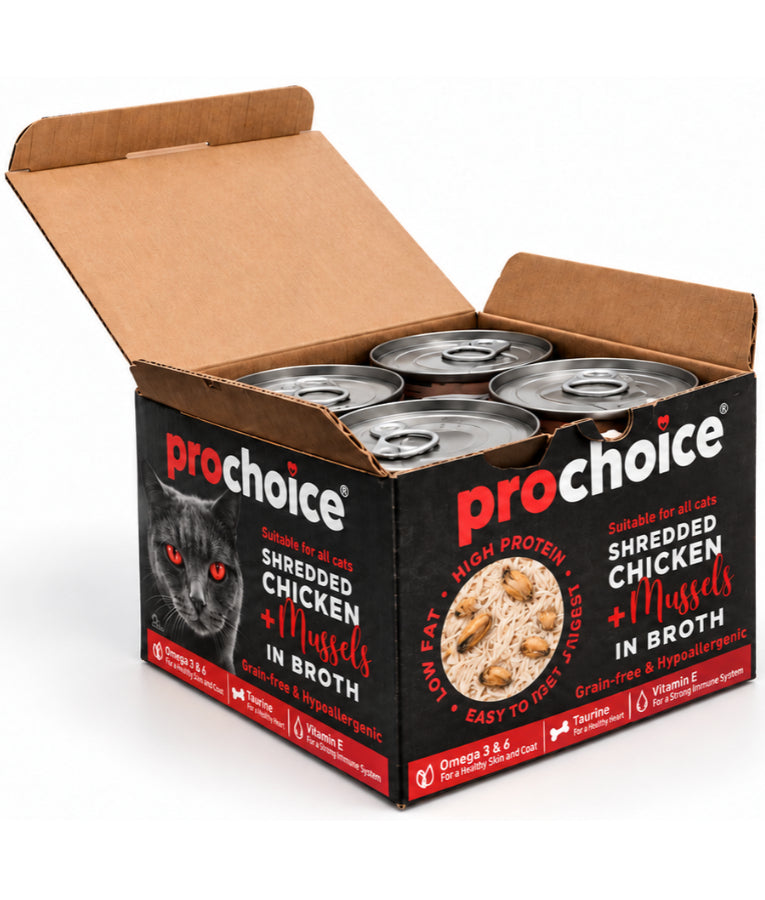 Prochoice – Shredded Grain-Free Wet Cat Food with Fresh Chicken & Mussels in Broth – 70g