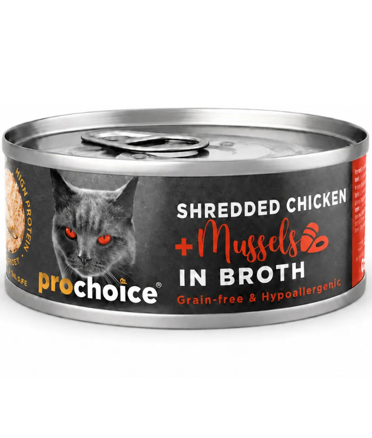 Prochoice – Shredded Grain-Free Wet Cat Food with Fresh Chicken & Mussels in Broth – 70g