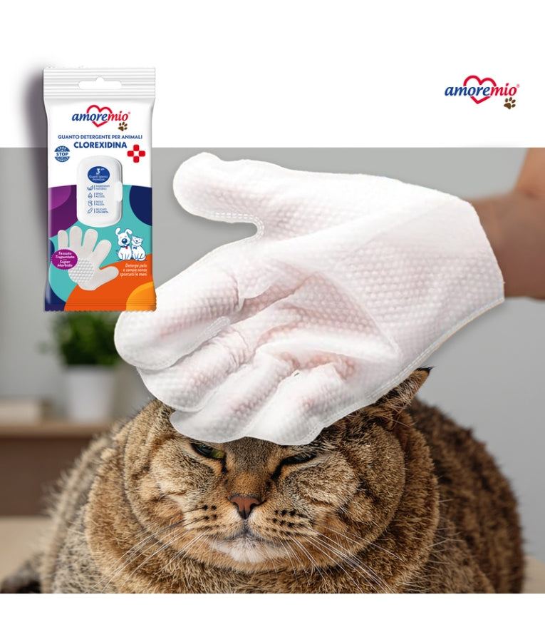 Amore Mio - Cleansing Gloves With Chlorhexidine, Soft Quilted Fabric, For Dogs & Cats - 3 Wet Gloves