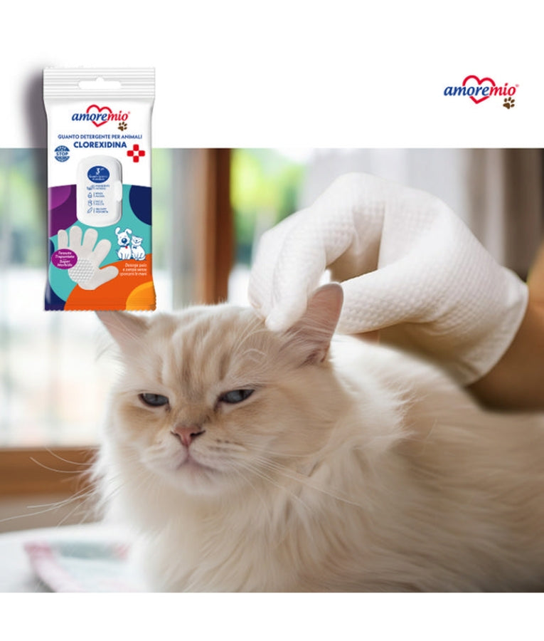 Amore Mio - Cleansing Gloves With Chlorhexidine, Soft Quilted Fabric, For Dogs & Cats - 3 Wet Gloves