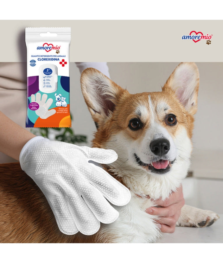 Amore Mio - Cleansing Gloves With Chlorhexidine, Soft Quilted Fabric, For Dogs & Cats - 3 Wet Gloves
