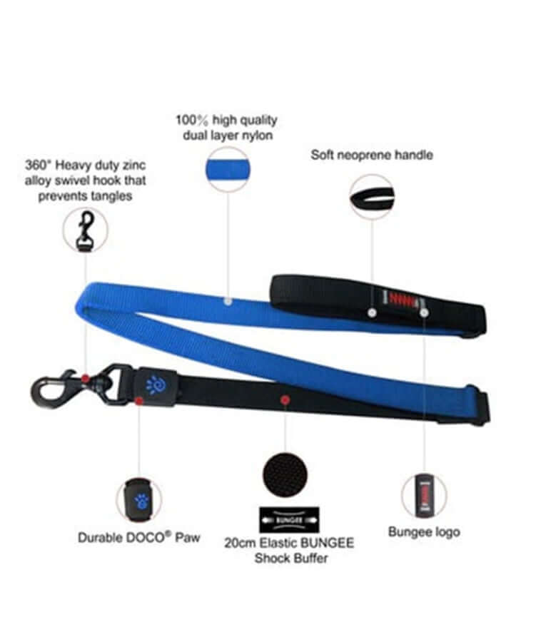 Doco - Bungee Shock Absorbing Nylon Leash, Neoprene Handle, For Dogs - Turquoise - 120cm (Large)