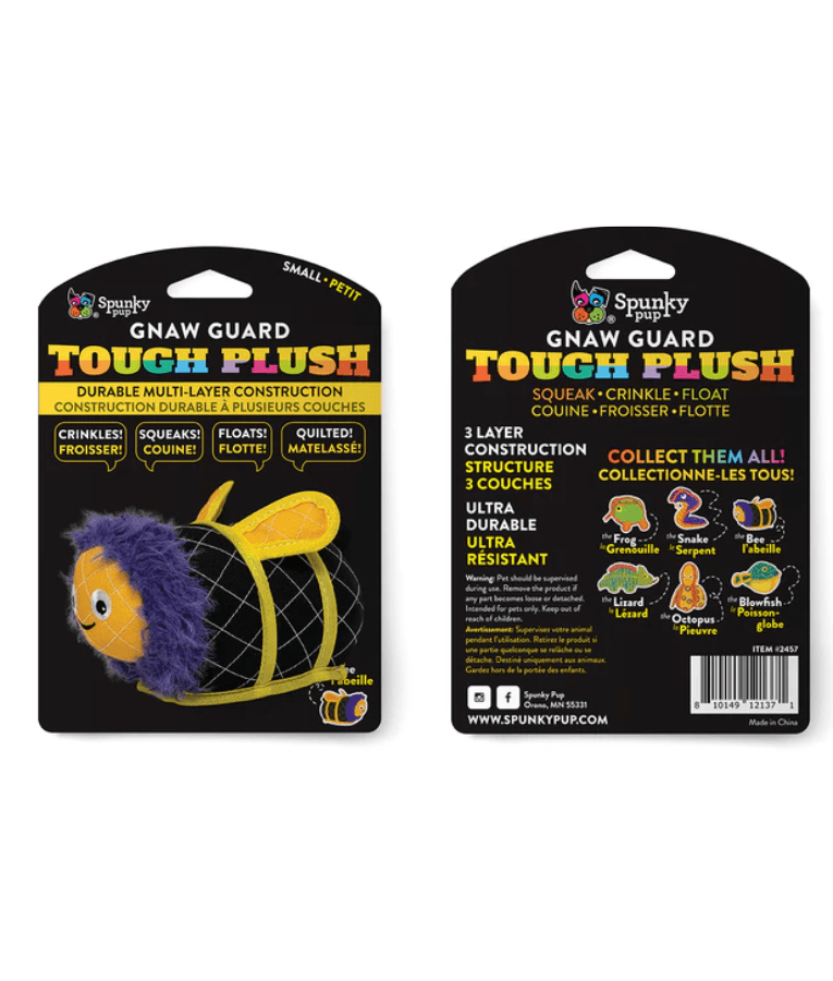 Spunky Pup - Neon Tough Plush Bee, Multi-Layer Durable Fabric - Squeaky Crinkle Floating Dog Toy - Small