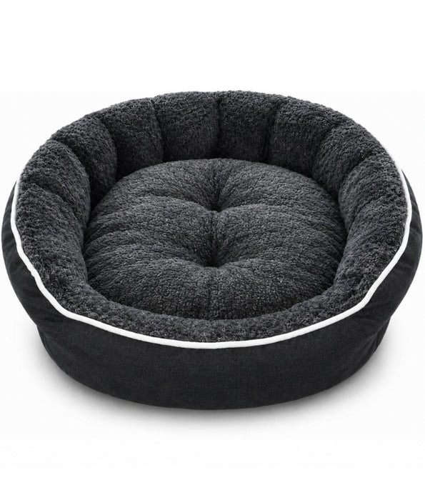 King Queen - Charcoal Grey Round Plush Dog & Cat Bed, Raised Bolster, Soft Cushion - 60 x 60 x 20 cm