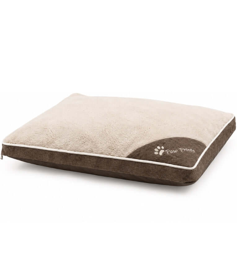 King Queen - Paw Prints, Soft Rectangular Pillow Dog Bed, Plush Beige & Brown with Anti-Slip Base & Zipper Cover - 85×65×15 cm