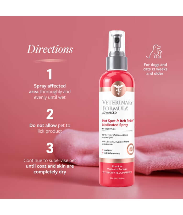 Synergy Labs - Veterinary Formula Advanced - Hot Spot & Itch Relief Medicated Spray, Analgesic & Anti-Inflammatory With Lidocaine & Hydrocortisone, For Dogs & Cats - 236 ml