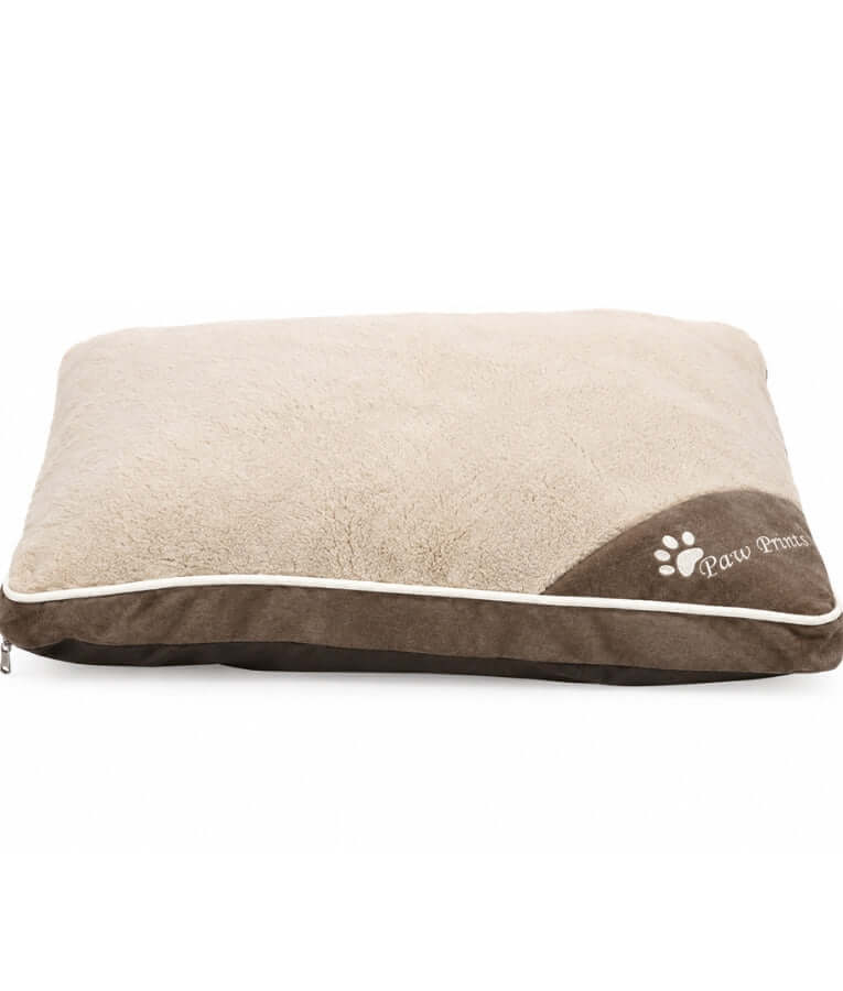 King Queen - Paw Prints, Soft Rectangular Pillow Dog Bed, Plush Beige & Brown with Anti-Slip Base & Zipper Cover - 85×65×15 cm