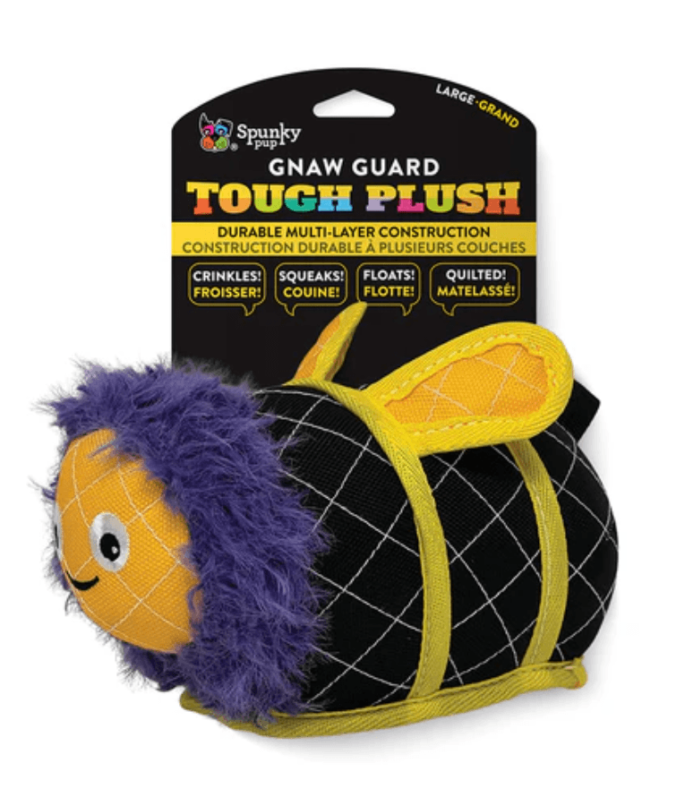 Spunky Pup - Neon Tough Plush Bee, Multi-Layer Durable Fabric - Squeaky Crinkle Floating Dog Toy - Small