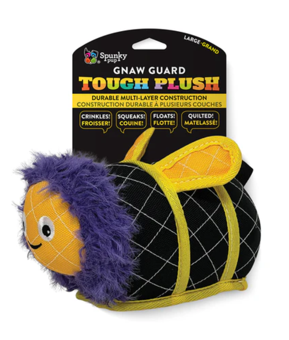 Spunky Pup - Neon Tough Plush Bee, Multi-Layer Durable Fabric - Squeaky Crinkle Floating Dog Toy - Small
