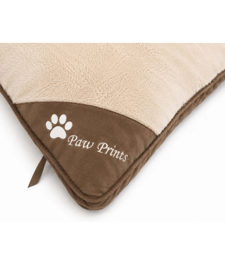 King Queen - Paw Prints, Soft Rectangular Pillow Dog Bed, Plush Beige & Brown with Anti-Slip Base & Zipper Cover - 85×65×15 cm