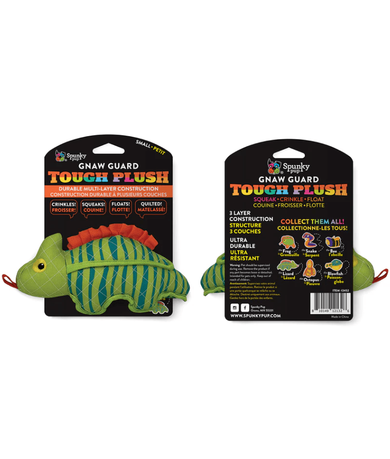 Spunky Pup - Neon Tough Plush Lizard, Multi-Layer Durable Fabric - Squeaky Crinkle Floating Dog Toy - Small