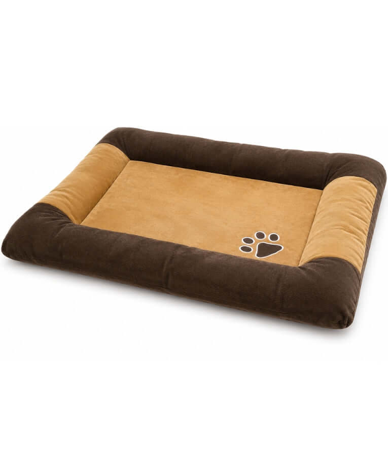 King Queen - Ribbed Fabric Rectangle Dog Bed, Raised Bolster Sides, Mustard & Brown - 85 × 65 × 8 cm