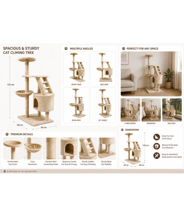 Pawise - Cat Climbing Tree With Ladder & Cave, Multi-Level Plush Activity Center With Sisal Posts, For Cats - 125 cm