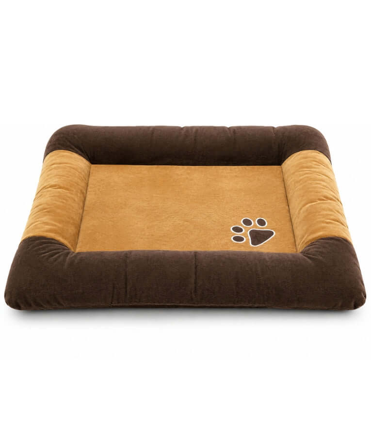King Queen - Ribbed Fabric Rectangle Dog Bed, Raised Bolster Sides, Mustard & Brown - 85 × 65 × 8 cm