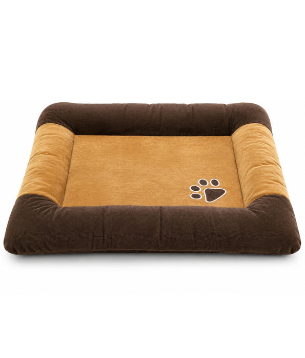 King Queen - Ribbed Fabric Rectangle Dog Bed, Raised Bolster Sides, Mustard & Brown - 85 × 65 × 8 cm