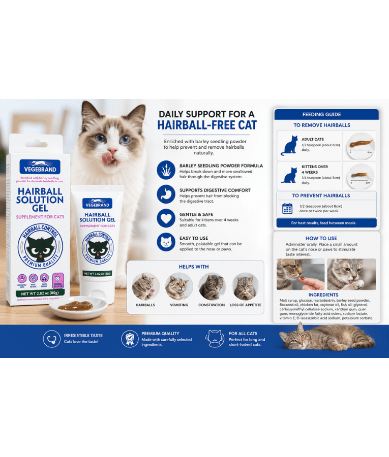 Vegebrand - Hairball Solution Gel With Barley Seedling Powder, Hairball Control Supplement, For Cats - 80g