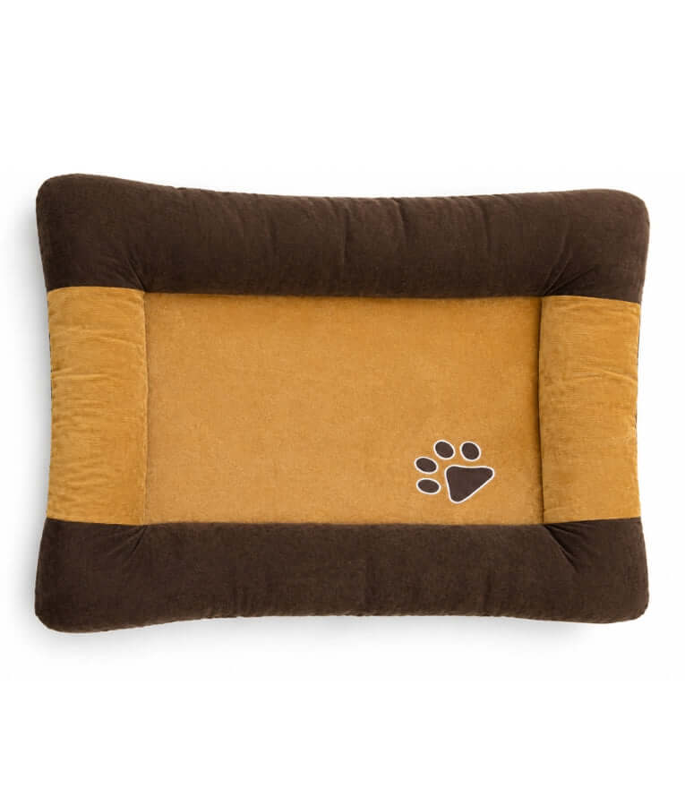 King Queen - Ribbed Fabric Rectangle Dog Bed, Raised Bolster Sides, Mustard & Brown - 85 × 65 × 8 cm