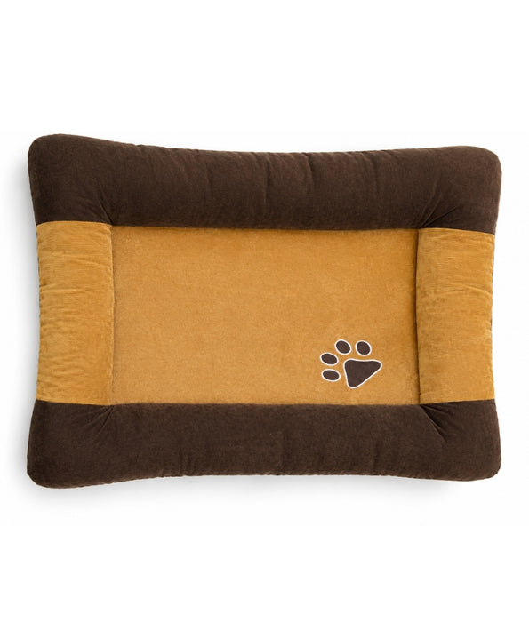 King Queen - Ribbed Fabric Rectangle Dog Bed, Raised Bolster Sides, Mustard & Brown - 85 × 65 × 8 cm