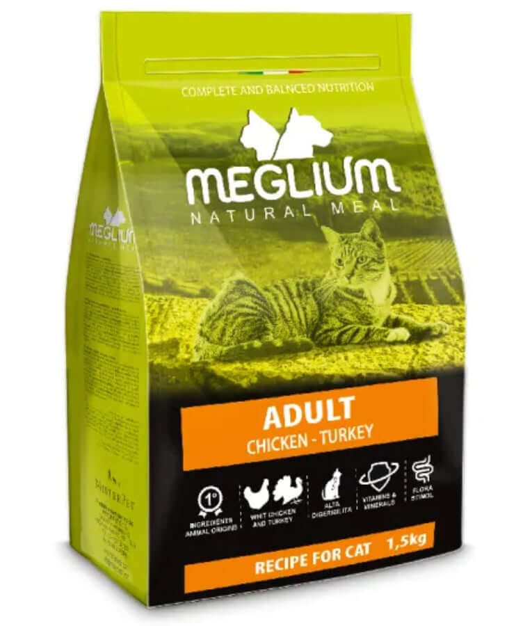 Meglium natural meal dry cat food for adults with chicken and turkey, high quality cat food, 1.5kg packaging.