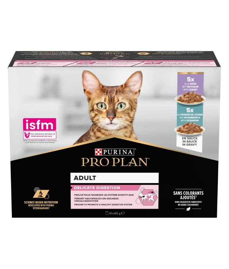 Pro Plan - Adult Delicate Digestion Wet Cat Food, Turkey & Oceanfish in Gravy, Sensitive Stomach Formula, For Cats - 10 x 85 g