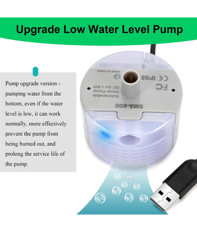 SMA-800 Water Pump - Submersible USB, DIY Replacement for Pet Water Fountains - DC 5V/1A, 160L/H