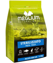 Meglium natural meal dry cat food for sensitive cats, 1.5kg, with trout for sterilized cats.