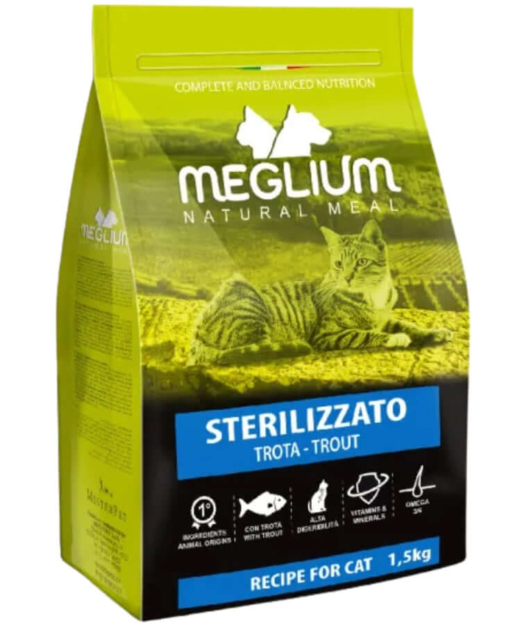Meglium natural meal dry cat food for sensitive cats, 1.5kg, with trout for sterilized cats.