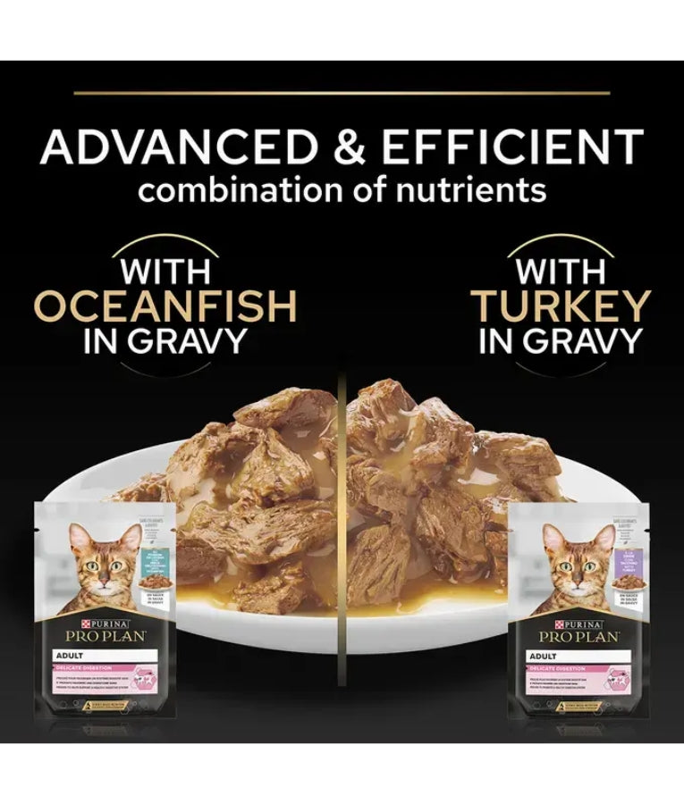 Pro Plan - Adult Delicate Digestion Wet Cat Food, Turkey & Oceanfish in Gravy, Sensitive Stomach Formula, For Cats - 10 x 85 g