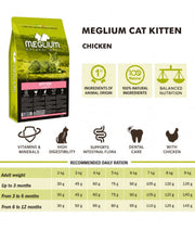 Meglium Kitten Dry Food with Chicken, high quality kitten food, 1.5kg bag with balanced nutrition information.