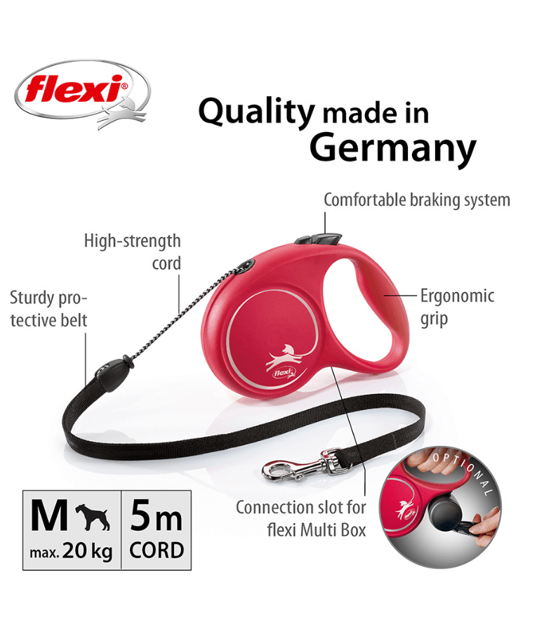 Flexi - Classic Cord Retractable Leash - 5m Cord - Small & Medium Dogs up to 20kg - Red