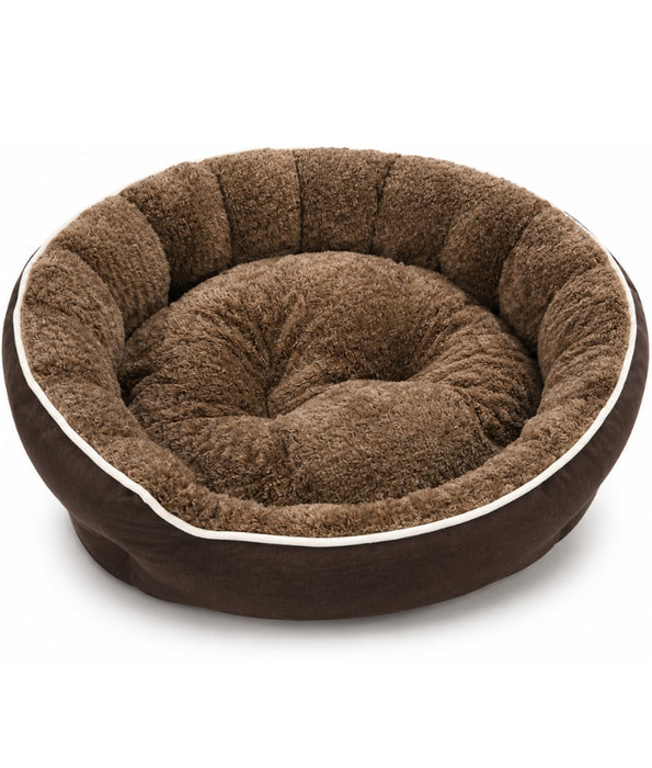 King Queen - Brown Round Plush Dog & Cat Bed, Raised Bolster, Soft Cushion - 60 x 60 x 20 cm