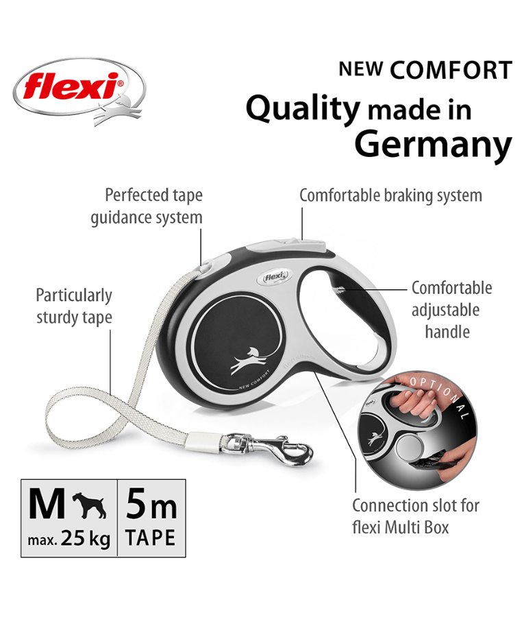 Flexi - New Comfort Tape Retractable Leash - 5m Tape - Small & Medium Dogs up to 25kg - White/Black