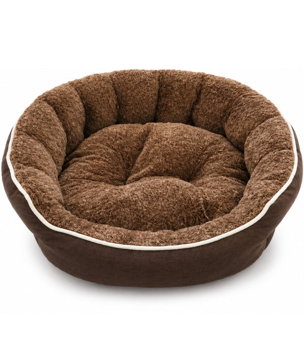 King Queen - Brown Round Plush Dog & Cat Bed, Raised Bolster, Soft Cushion - 60 x 60 x 20 cm