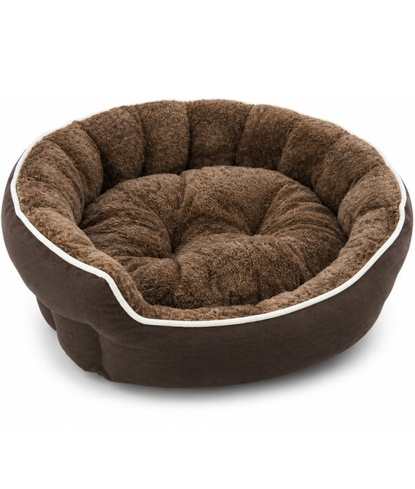 King Queen - Brown Round Plush Dog & Cat Bed, Raised Bolster, Soft Cushion - 60 x 60 x 20 cm