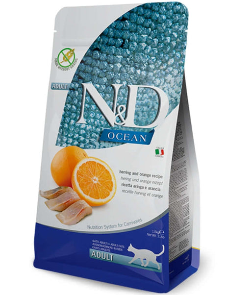 Farmina N&D Ocean Herring & Orange dry cat food, high protein cat food in 1.5kg bag, grain-free adult formula.