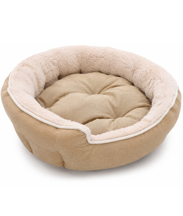 King Queen - Beige Round Plush Dog & Cat Bed, Raised Bolster, Soft Cushion - 60 x 60 x 20 cm