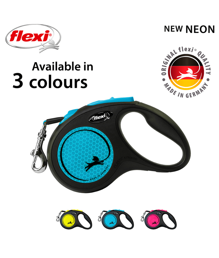 Flexi - New Reflective Neon Tape Retractable Leash - 5m Tape - Small & Medium Dogs up to 25kg - Blue