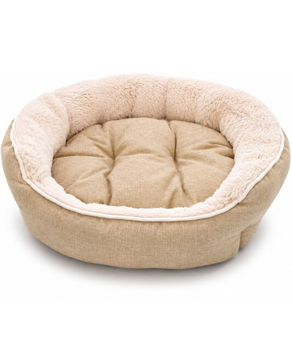 King Queen - Beige Round Plush Dog & Cat Bed, Raised Bolster, Soft Cushion - 60 x 60 x 20 cm