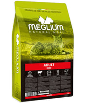 Meglium natural meal dry cat food for sensitive stomachs, adult beef, complete balanced nutrition, 10kg bag.