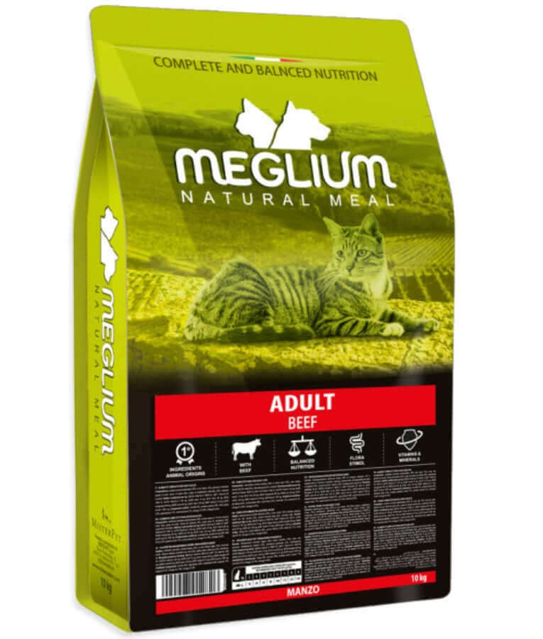 Meglium natural meal dry cat food for sensitive stomachs, adult beef, complete balanced nutrition, 10kg bag.