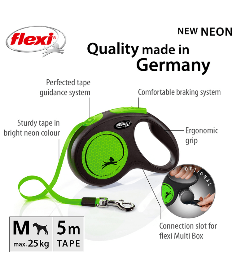 Flexi - New Reflective Neon Tape Retractable Leash - 5m Tape - Small Dogs up to 15kg - Green